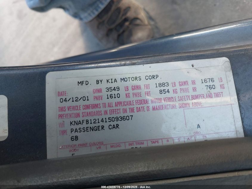 2001 Kia Sephia Ls VIN: KNAFB121415093607 Lot: 43859778