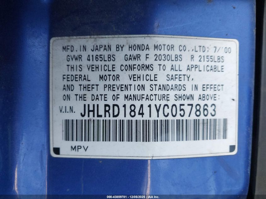 2000 Honda Cr-V Lx VIN: JHLRD1841YC057863 Lot: 43859781