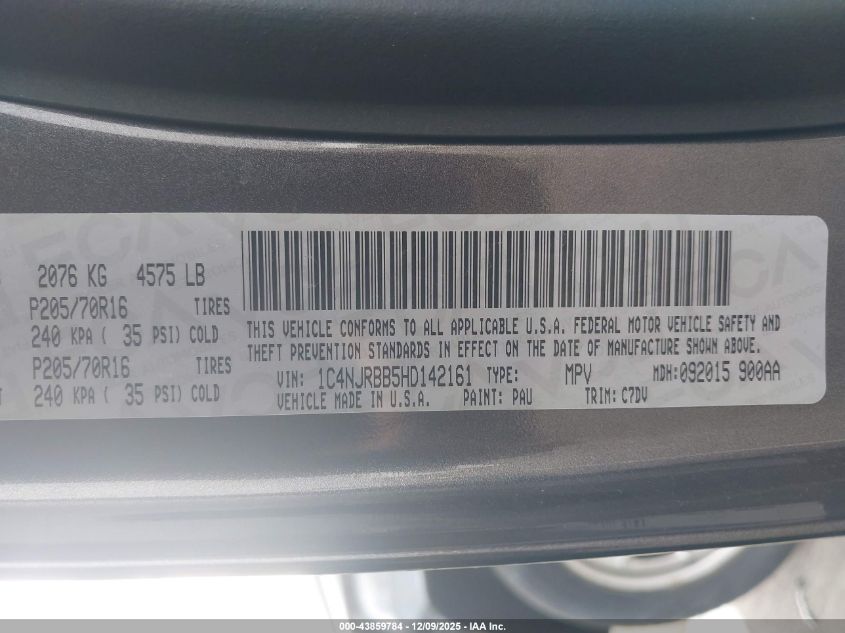 2017 Jeep Patriot Sport 4X4 VIN: 1C4NJRBB5HD142161 Lot: 43859784