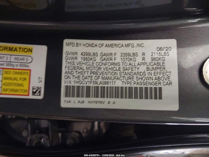 2020 Honda Accord Ex-L VIN: 1HGCV1F59LA088117 Lot: 43859791