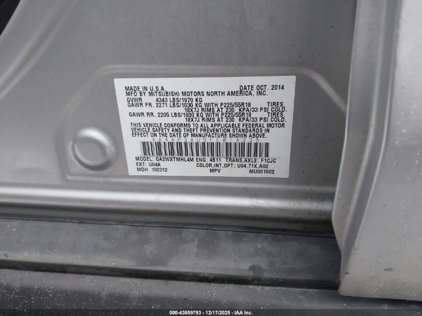 2015 Mitsubishi Outlander Sport Es VIN: 4A4AP3AU5FE014225 Lot: 43859793