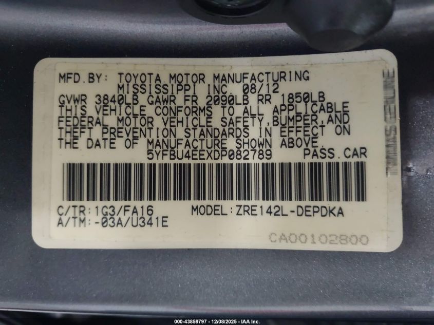 2013 Toyota Corolla L VIN: 5YFBU4EEXDP082789 Lot: 43859797