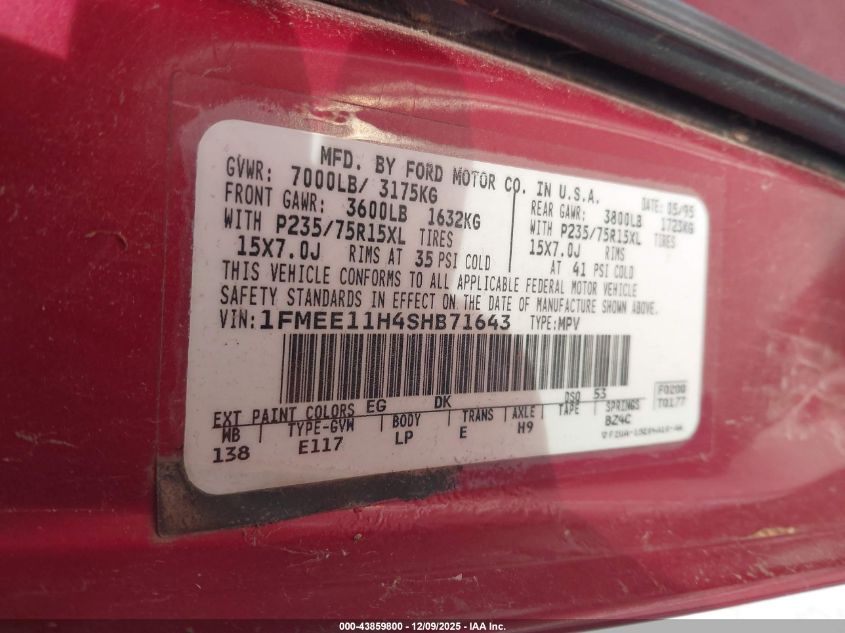 1995 Ford Econoline E150 VIN: 1FMEE11H4SHB71643 Lot: 43859800