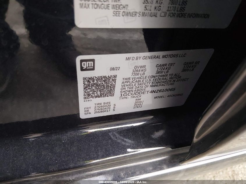 2022 Chevrolet Silverado 1500 4Wd Standard Bed Lt VIN: 1GCUDDET4NZ610065 Lot: 43859806