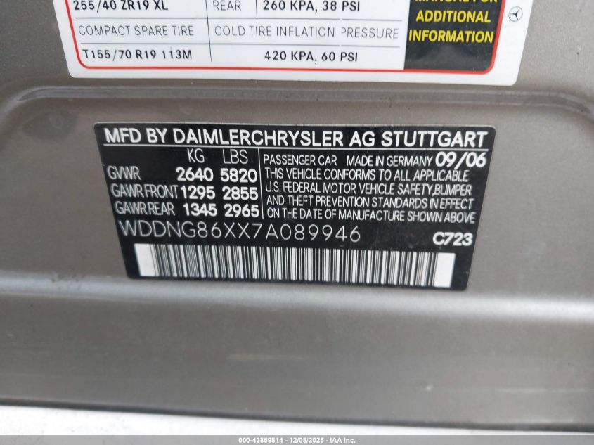 2007 Mercedes-Benz S 550 4Matic VIN: WDDNG86XX7A089946 Lot: 43859814