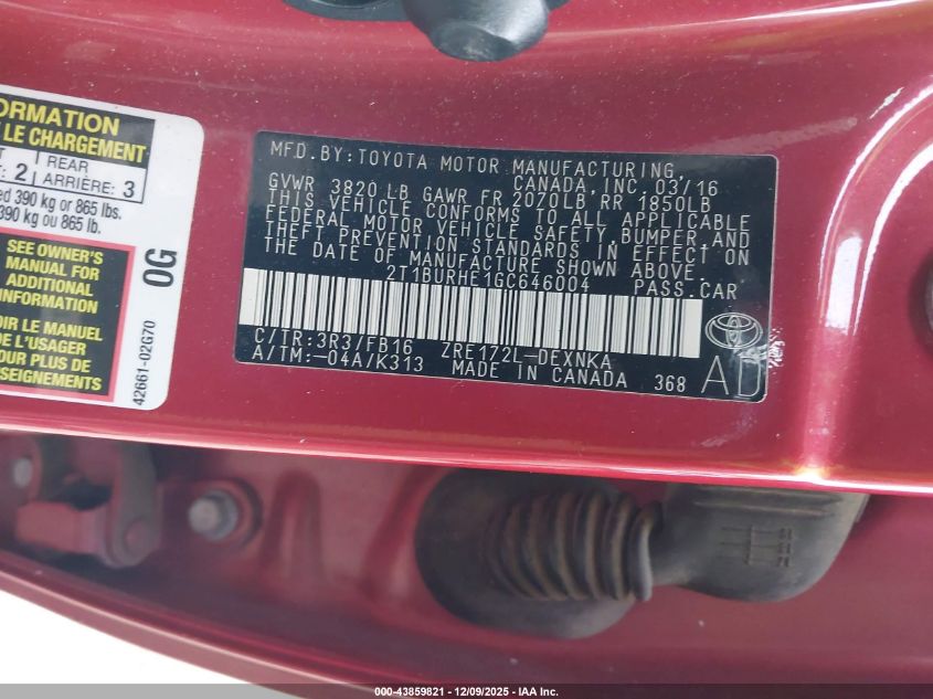 2016 Toyota Corolla Le VIN: 2T1BURHE1GC646004 Lot: 43859821