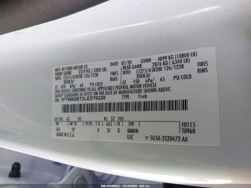 2020 Ford F-250 King Ranch VIN: 1FT8W2BT2LED76226 Lot: 43859823