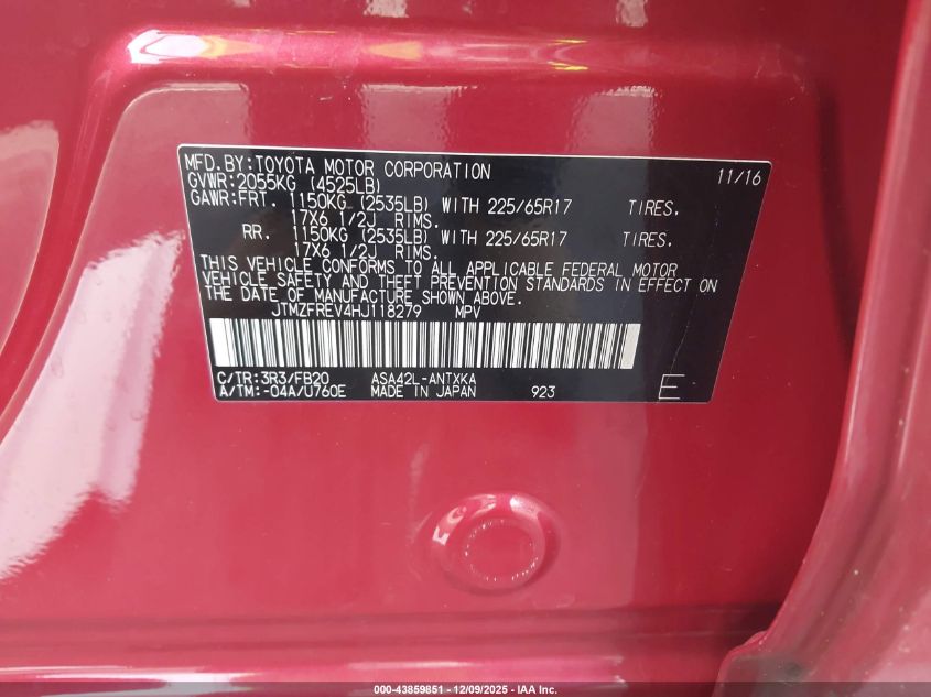 2017 Toyota Rav4 Le VIN: JTMZFREV4HJ118279 Lot: 43859851