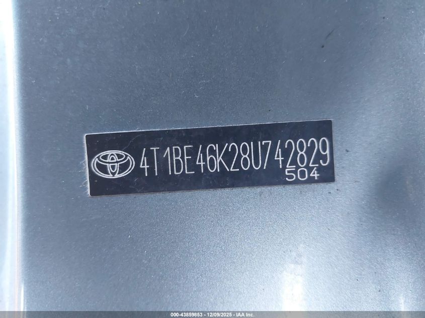 2008 Toyota Camry Le VIN: 4T1BE46K28U742829 Lot: 43859853