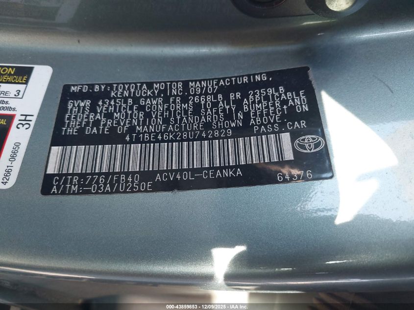 2008 Toyota Camry Le VIN: 4T1BE46K28U742829 Lot: 43859853