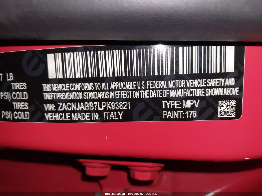 2020 Jeep Renegade Latitude Fwd VIN: ZACNJABB7LPK93821 Lot: 43859858