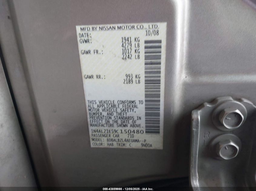 2009 Nissan Altima 2.5 S VIN: 1N4AL21E59C150480 Lot: 43859866