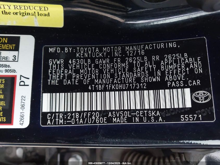 2017 Toyota Camry Se VIN: 4T1BF1FK0HU717312 Lot: 43859877