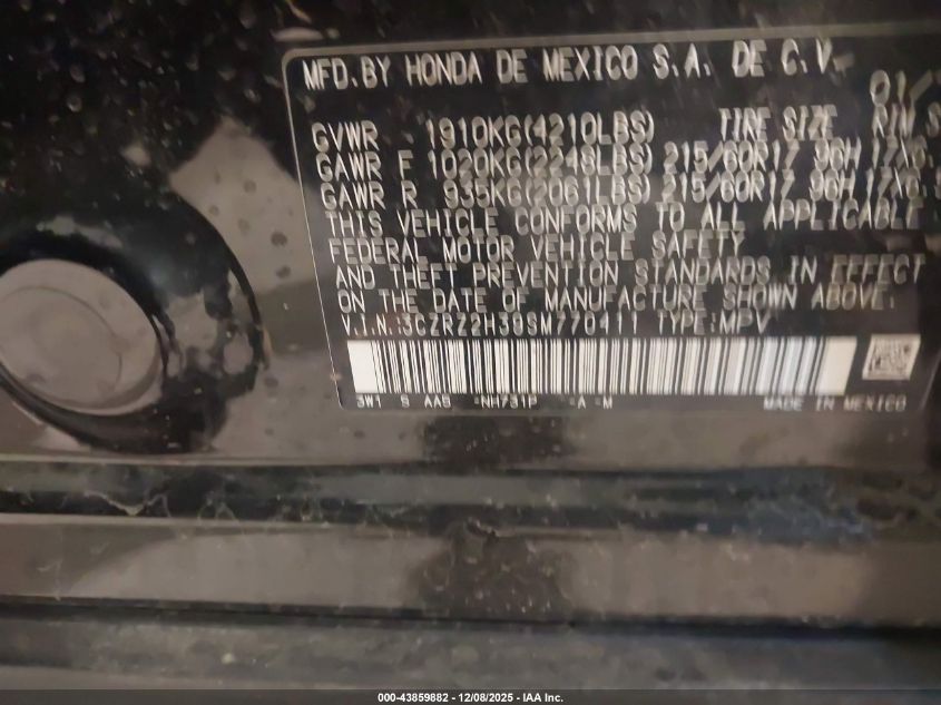 2025 Honda Hr-V Awd Lx VIN: 3CZRZ2H39SM770411 Lot: 43859882