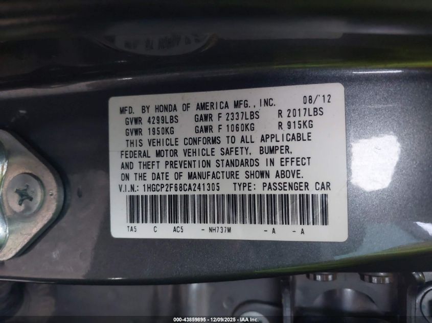 2012 Honda Accord 2.4 Se VIN: 1HGCP2F68CA241305 Lot: 43859895