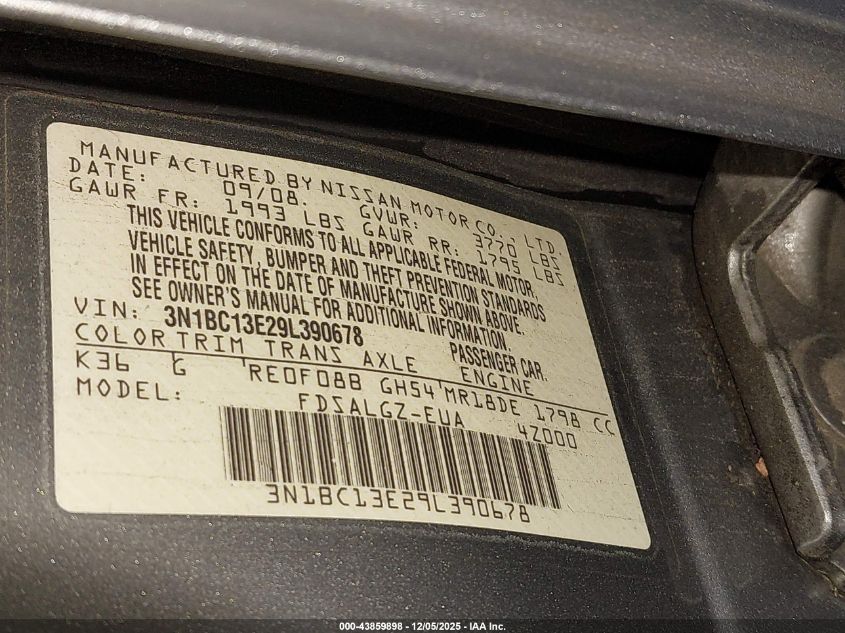 2009 Nissan Versa 1.8Sl VIN: 3N1BC13E29L390678 Lot: 43859898