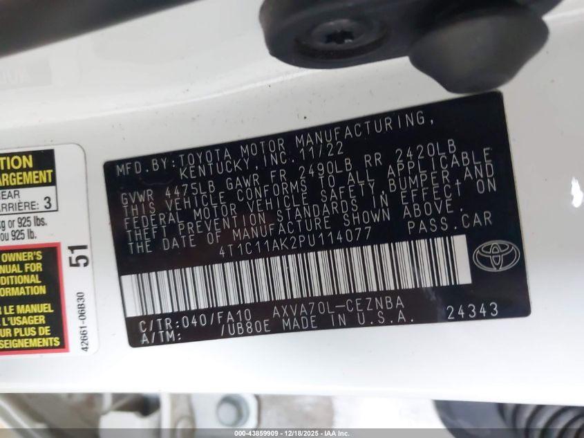 2023 Toyota Camry Le VIN: 4T1C11AK2PU114077 Lot: 43859909