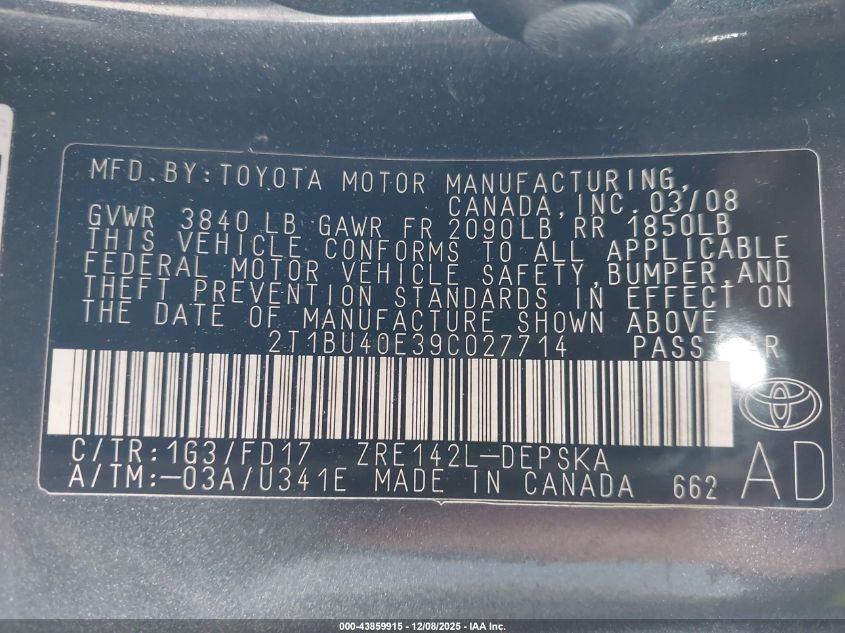 2009 Toyota Corolla S VIN: 2T1BU40E39C027714 Lot: 43859915