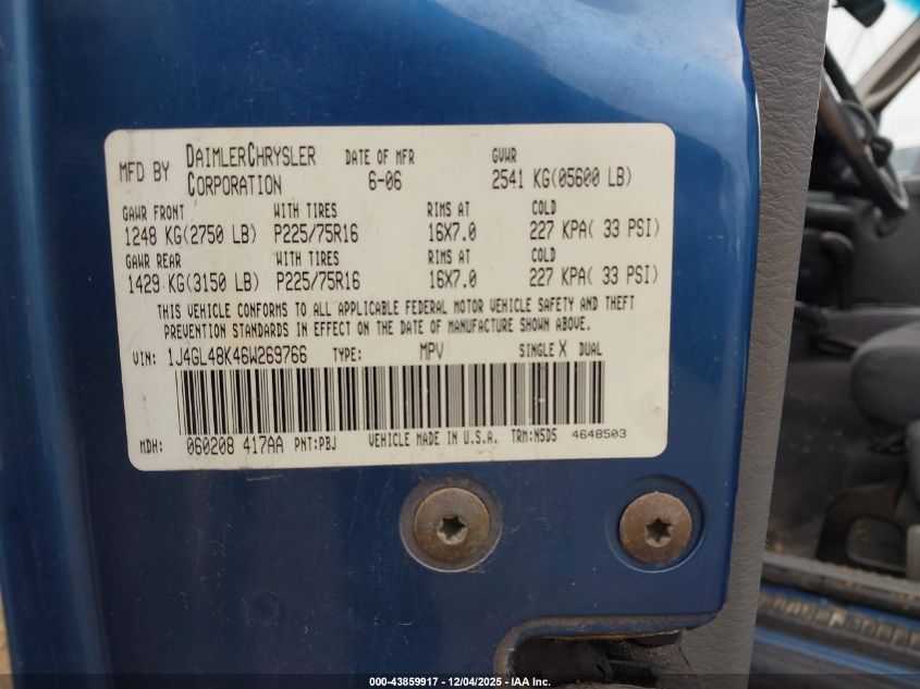 2006 Jeep Liberty Sport VIN: 1J4GL48K46W269766 Lot: 43859917