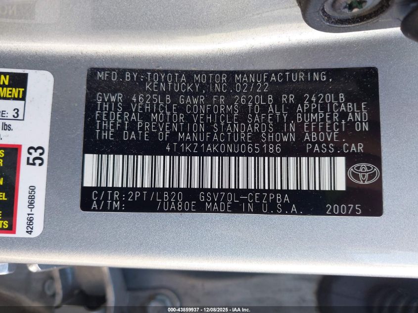 2022 Toyota Camry Xse V6 VIN: 4T1KZ1AK0NU065186 Lot: 43859937