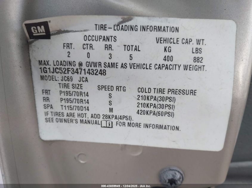 2004 Chevrolet Cavalier VIN: 1G1JC52F347143248 Lot: 43859949