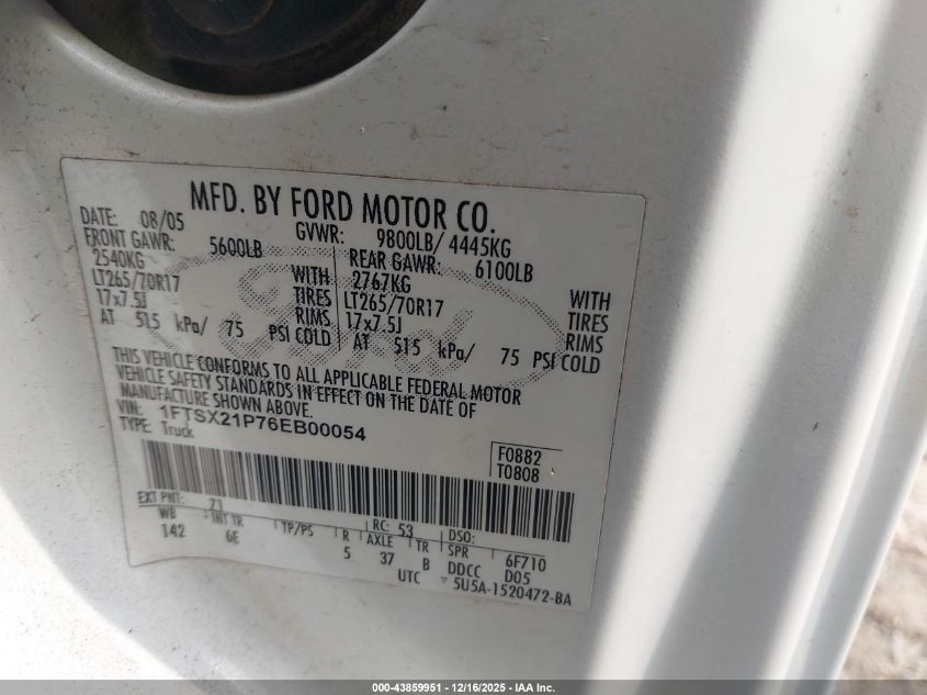2006 Ford F-250 Lariat/Xl/Xlt VIN: 1FTSX21P76EB00054 Lot: 43859951