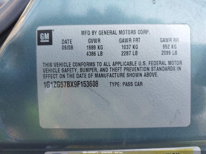 2009 Chevrolet Malibu Ls VIN: 1G1ZG57BX9F153608 Lot: 43859972