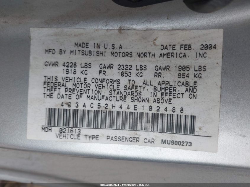 2004 Dodge Stratus R/T VIN: 4B3AG52H44E102488 Lot: 43859974