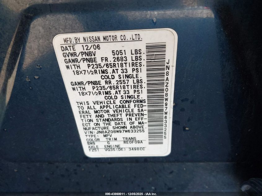 2007 Nissan Murano Se VIN: JN8AZ08W97W633255 Lot: 43860011