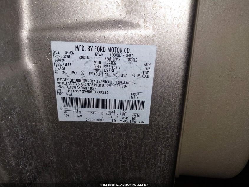 2006 Ford F-150 Xlt VIN: 1FTRW12W66FB09226 Lot: 43860014