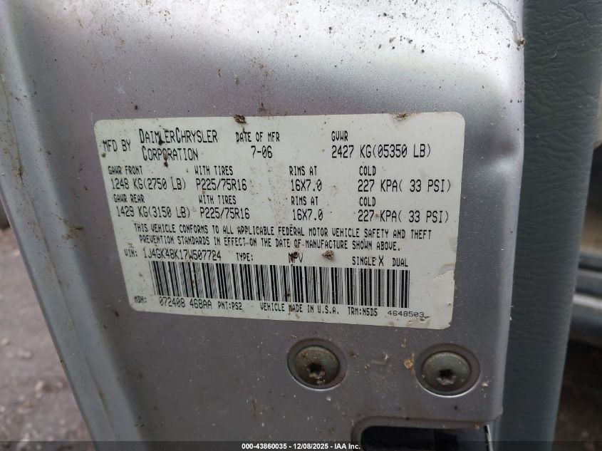 2007 Jeep Liberty Sport VIN: 1J4GK48K17W507724 Lot: 43860035