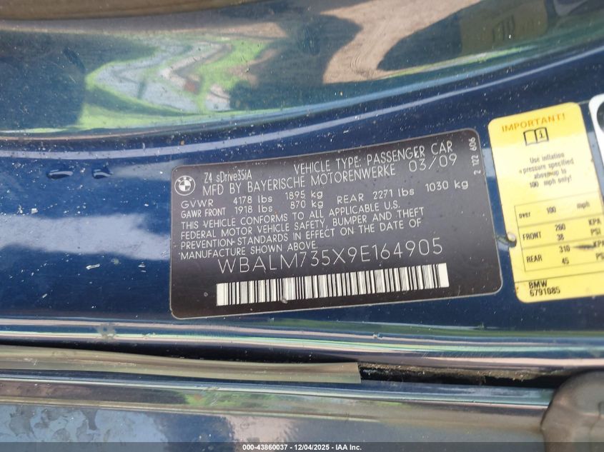 2009 BMW Z4 Sdrive35I VIN: WBALM735X9E164905 Lot: 43860037