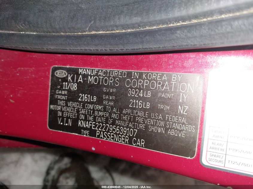 2009 Kia Spectra Ex VIN: KNAFE222795639107 Lot: 43860045