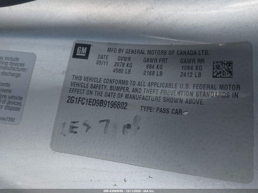 2011 Chevrolet Camaro 2Lt VIN: 2G1FC1ED9B9196802 Lot: 43860056