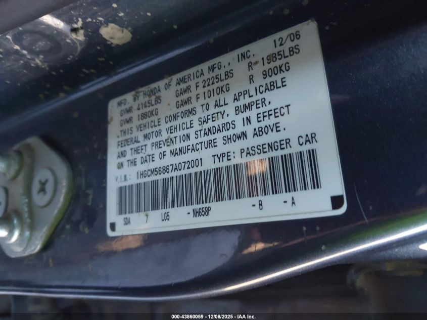2007 Honda Accord 2.4 Ex VIN: 1HGCM56867A072001 Lot: 43860059