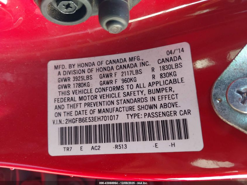 2014 Honda Civic Si VIN: 2HGFB6E53EH701017 Lot: 43860064