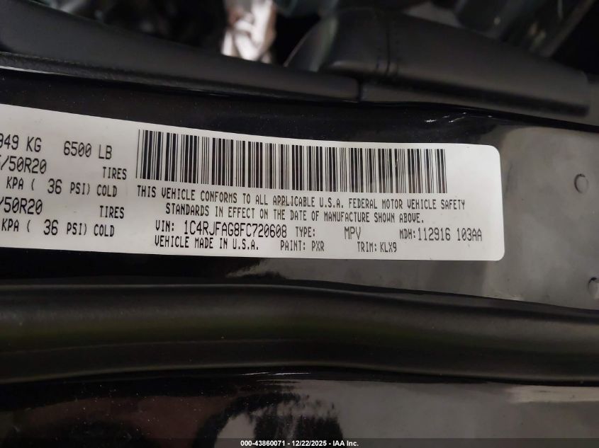 2015 Jeep Grand Cherokee Altitude VIN: 1C4RJFAG8FC720608 Lot: 43860071