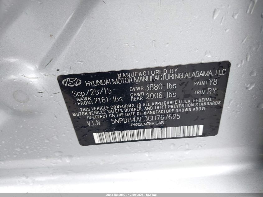 2016 Hyundai Elantra Value Edition VIN: 5NPDH4AE3GH767625 Lot: 43860090