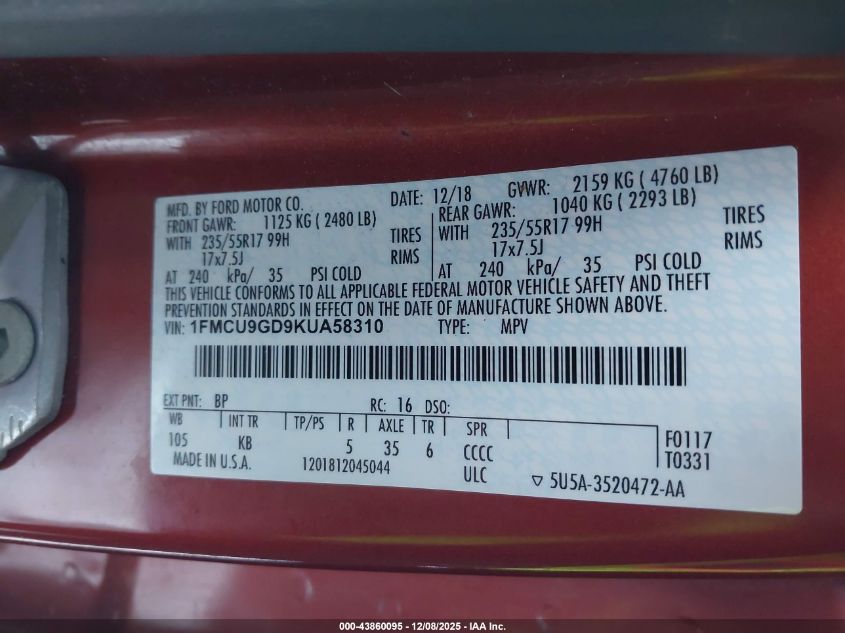 2019 Ford Escape Se VIN: 1FMCU9GD9KUA58310 Lot: 43860095