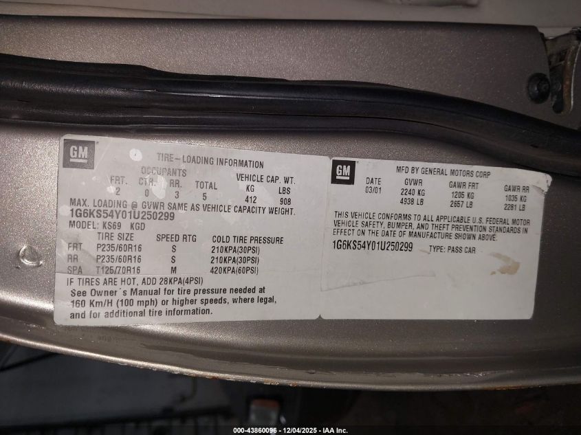 2001 Cadillac Seville Sls W/Tx7 VIN: 1G6KS54Y01U250299 Lot: 43860096