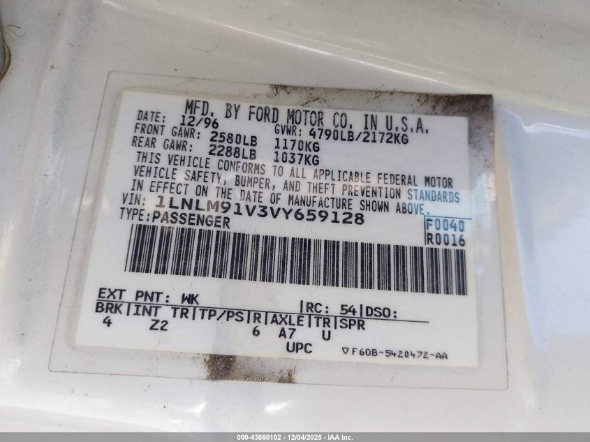 1997 Lincoln Mark Viii VIN: 1LNLM91V3VY659128 Lot: 43860102