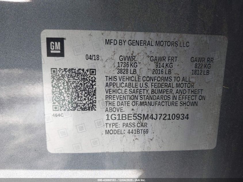 2018 Chevrolet Cruze Lt Auto VIN: 1G1BE5SM4J7210934 Lot: 43860103