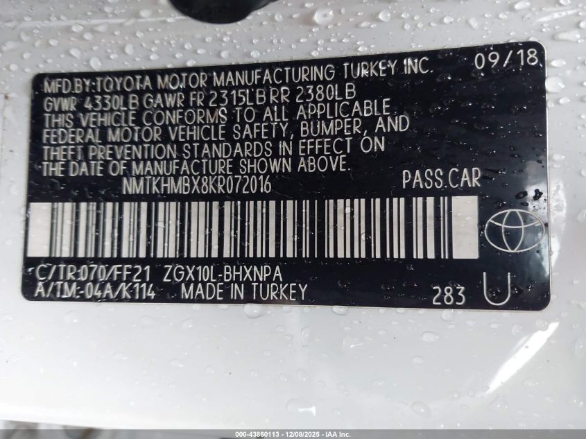 2019 Toyota C-Hr Xle VIN: NMTKHMBX8KR072016 Lot: 43860113