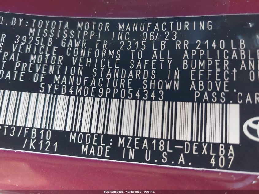 2023 Toyota Corolla Le VIN: 5YFB4MDE9PP054343 Lot: 43860125