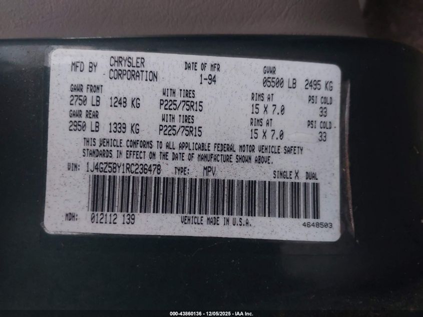 1994 Jeep Grand Cherokee Laredo VIN: 1J4GZ58Y1RC236478 Lot: 43860136