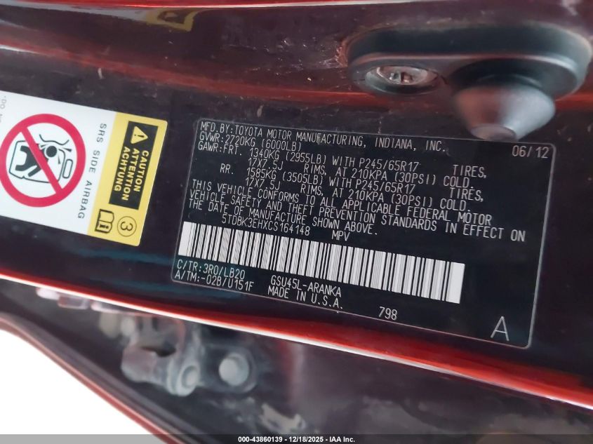 2012 Toyota Highlander Se V6 VIN: 5TDBK3EHXCS164148 Lot: 43860139