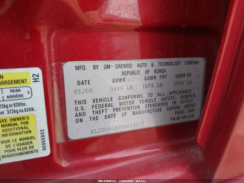 2009 Pontiac G3 VIN: KL2TD66E09B654637 Lot: 43860141