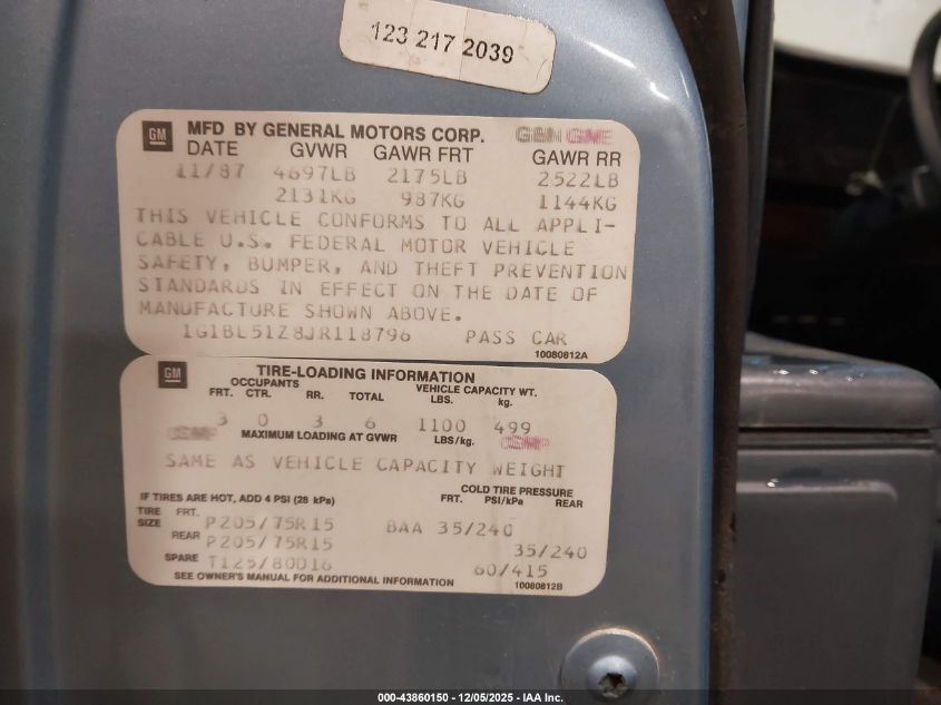 1988 Chevrolet Caprice VIN: 1G1BL51Z8JR118796 Lot: 43860150