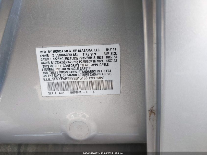 2014 Honda Pilot Ex-L VIN: 5FNYF4H56EB045168 Lot: 43860152