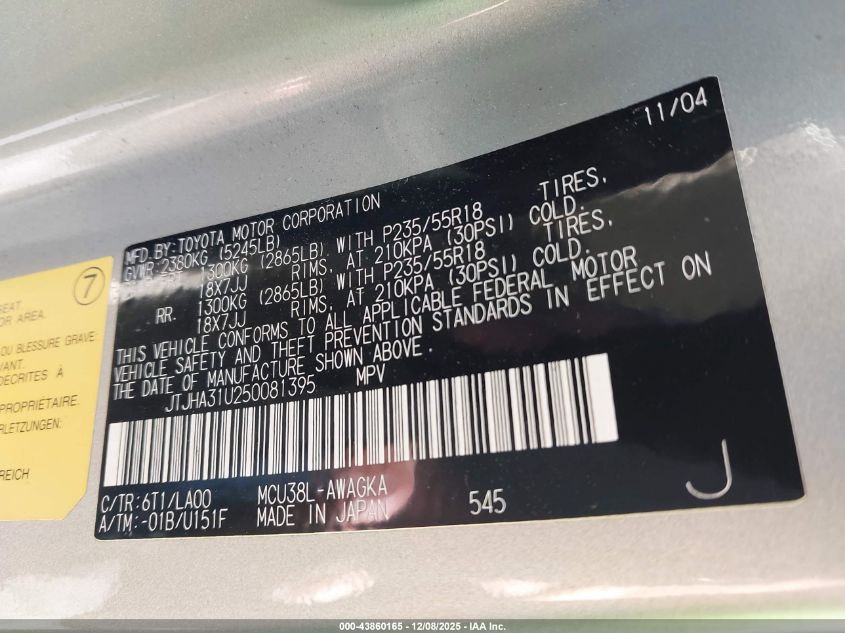 2005 Lexus Rx 330 VIN: JTJHA31U250081395 Lot: 43860165